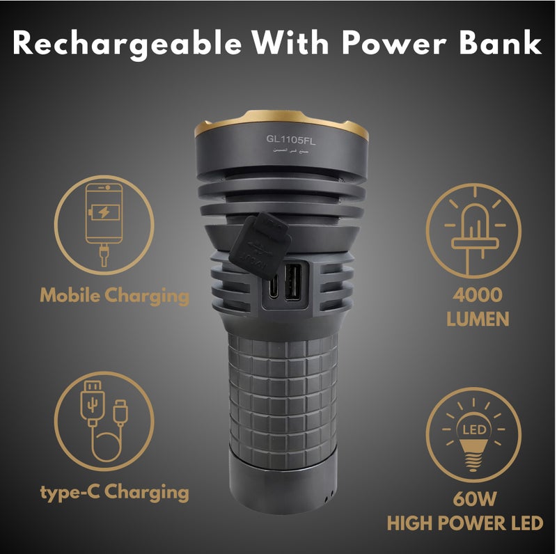 جليز مصباح يدوي LED قابل لإعادة الشحن، 4000 لومن، بطارية 10000 مللي أمبير، شحن سريع من النوع C، وظيفة بنك الطاقة، 8 أوضاع إضاءة، مدى 2000 متر، هيكل من الألومنيوم، ضمان لمدة عامين - Image 4